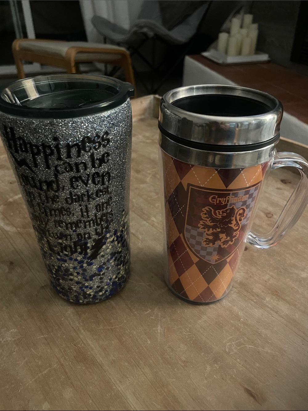 Gryffindor Argyle Travel Mug with Handle - Travel cup “ Happiness Can Be Found”